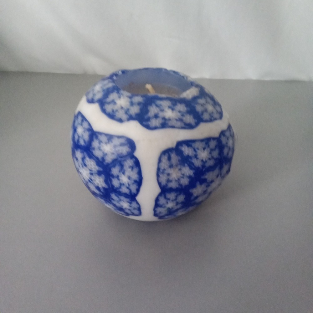 Blue and White Snowflake Round Ball Wax Candle Winter Holiday Decor 3 Inch